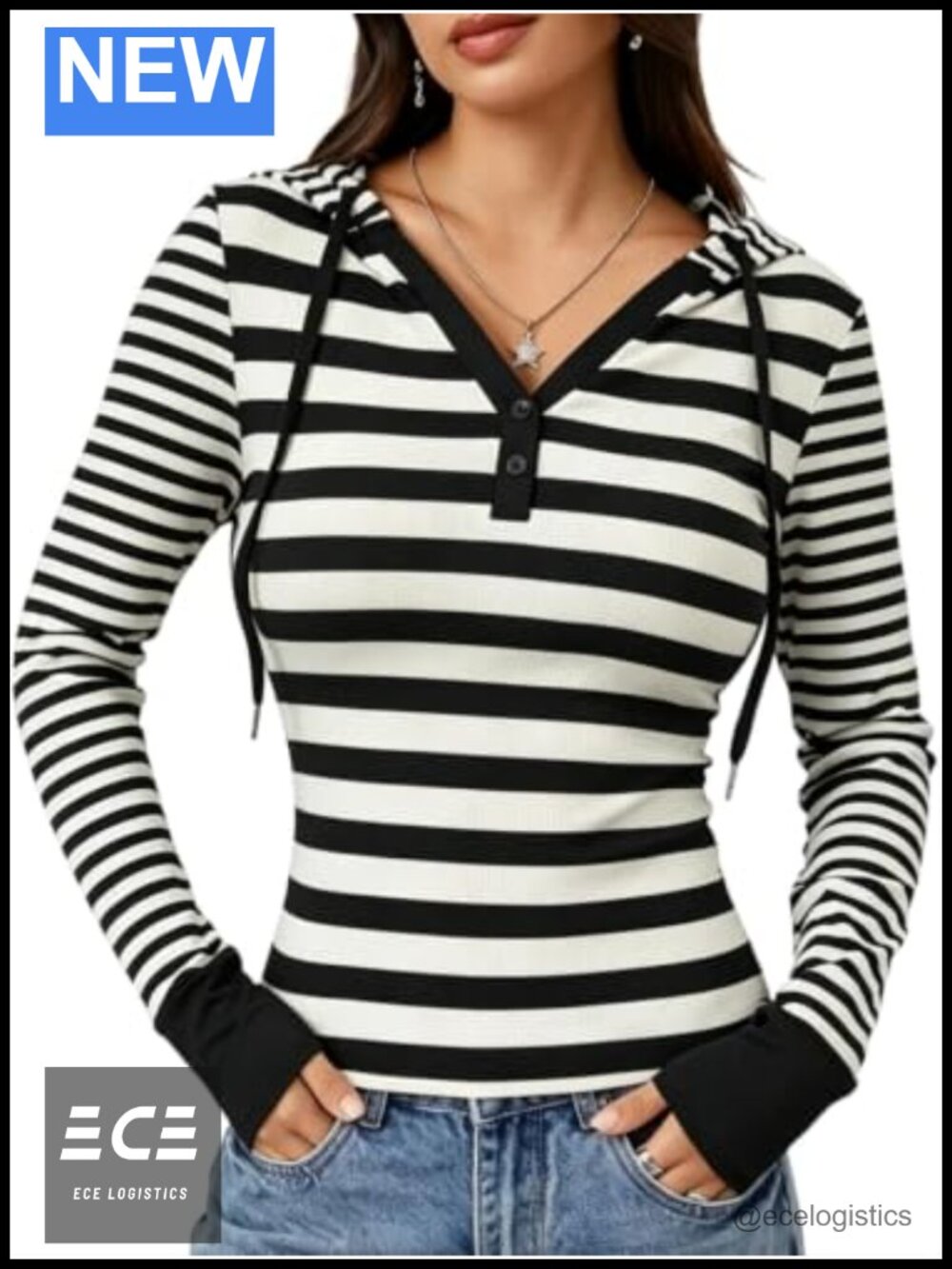 Striped Long Sleeve Hooded T-Shirt Y2K Slim Fit Pullover Top